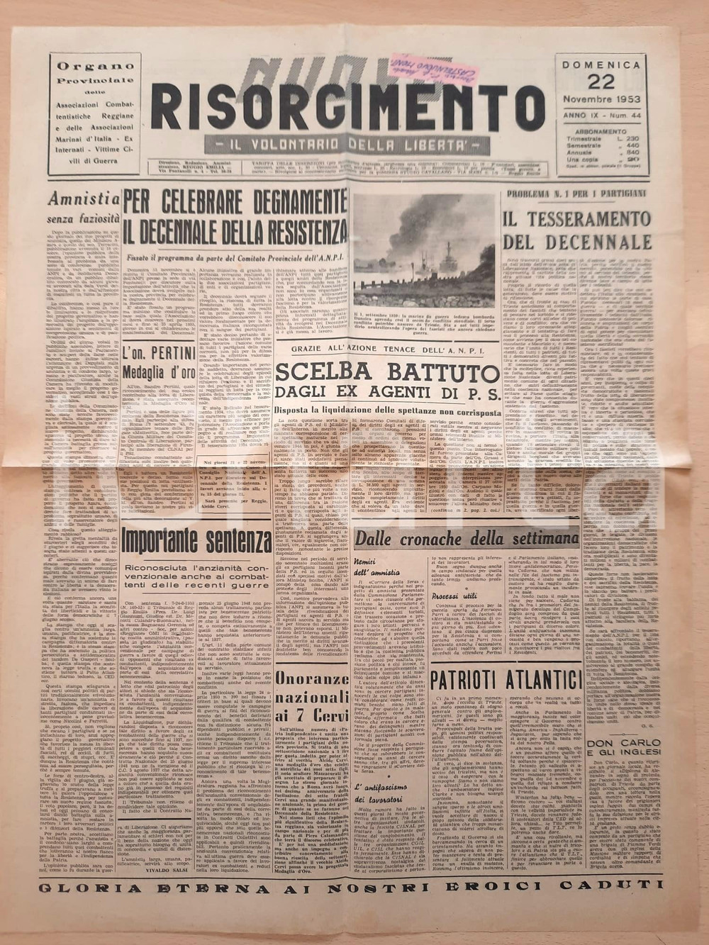 Giornale, rivista storica 1953 NUOVO RISORGIMENTO Decennale Resistenza  Medaglia d oro a Sandro Pertini 1