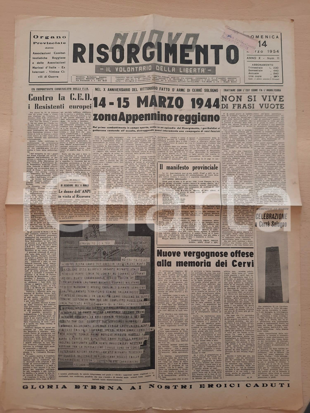 Giornale, rivista storica 1954 NUOVO RISORGIMENTO 10° Anniversario combattimento Cerrè Sologno Giornale 1