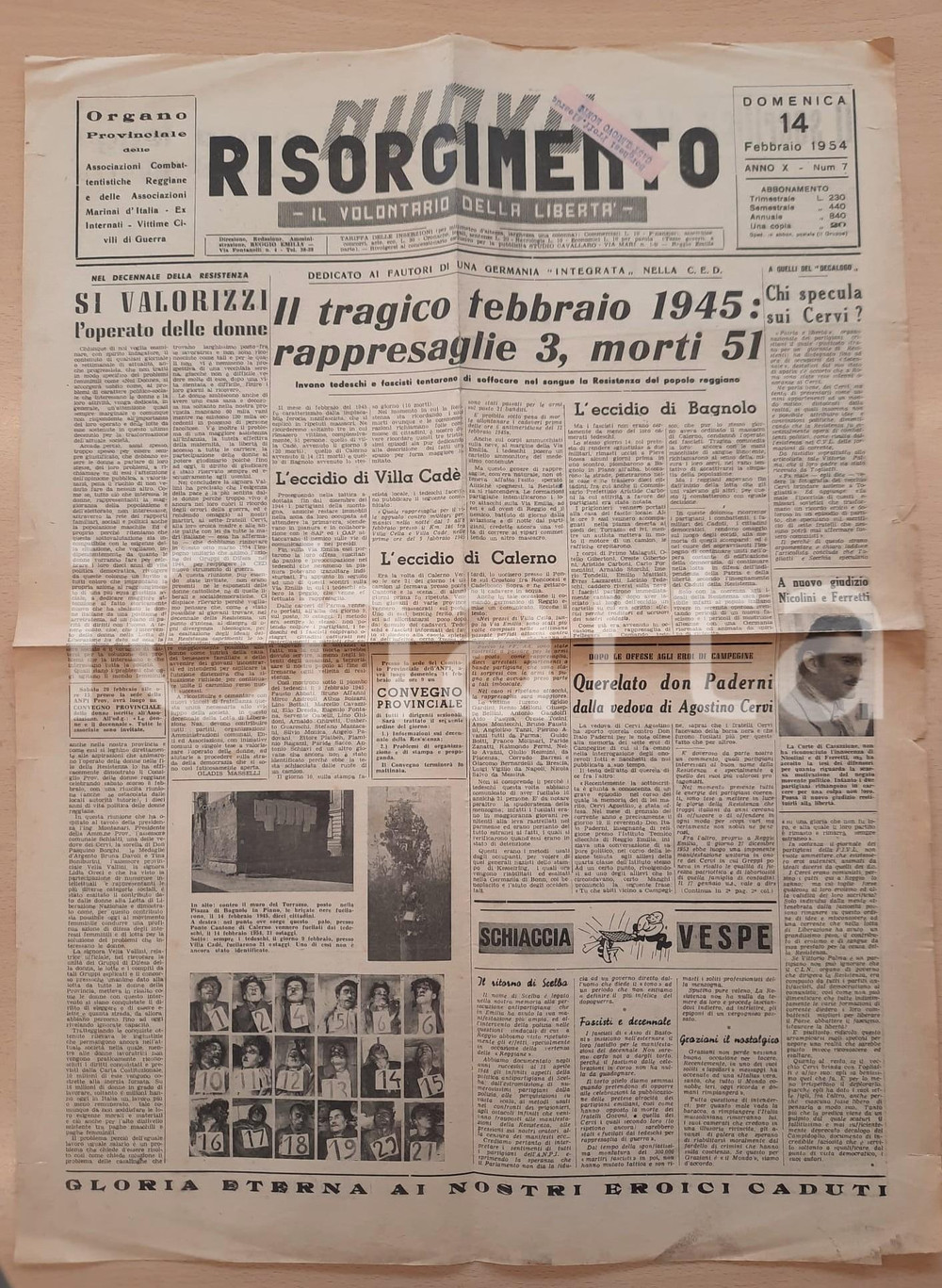 Giornale, rivista storica 1954 NUOVO RISORGIMENTO Eccidi nazisti del 1945 nel Reggiano Giornale 1
