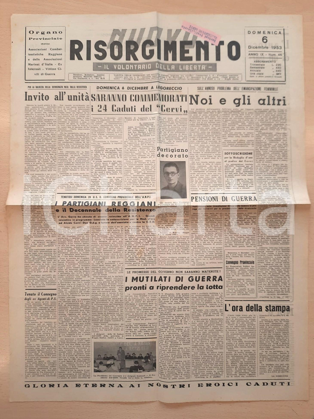 Giornale, rivista storica 1953 NUOVO RISORGIMENTO Commemorazione reparto CERVI a LAGORECCIO  Giornale 1