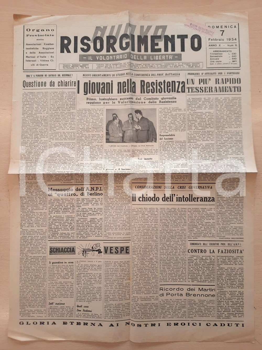 Giornale, rivista storica 1954 NUOVO RISORGIMENTO Roberto Battaglia con il Comitato giovanile Resistenza 1