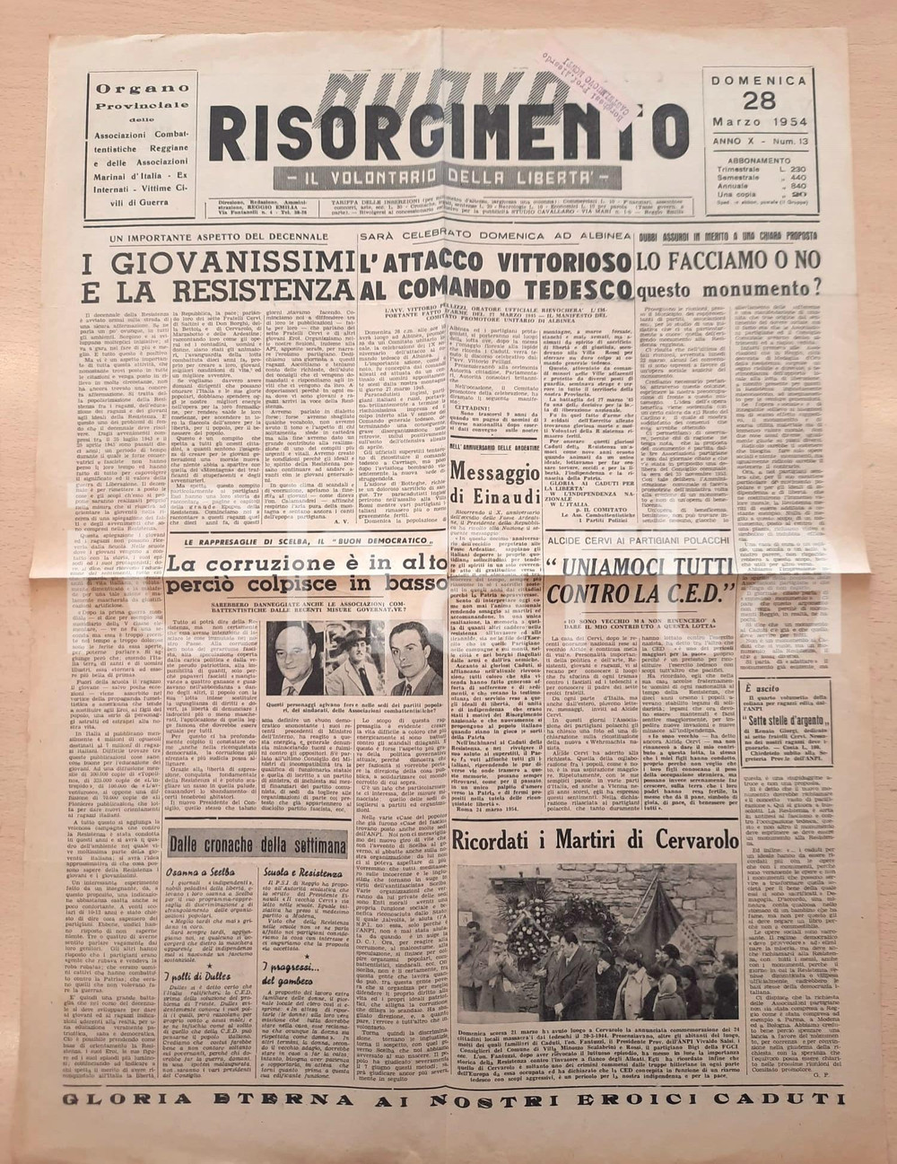 Giornale, rivista storica 1954 NUOVO RISORGIMENTO Albinea commemora l attacco al comando tedesco Giornale 1