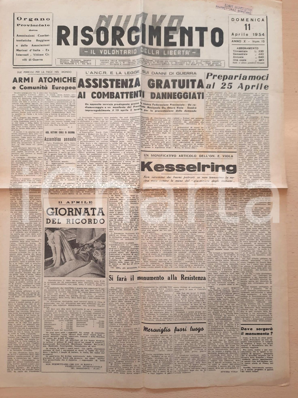 Giornale, rivista storica 1954 NUOVO RISORGIMENTO Albinea commemora l attacco al comando tedesco Giornale 1