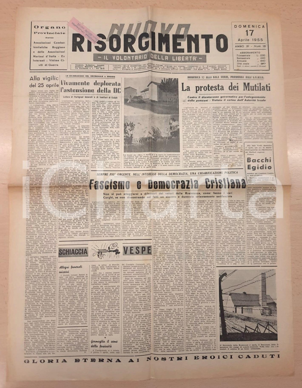 Giornale, rivista storica 1955 NUOVO RISORGIMENTO Decennale 25 aprile a Reggio e astensione DC Giornale 1