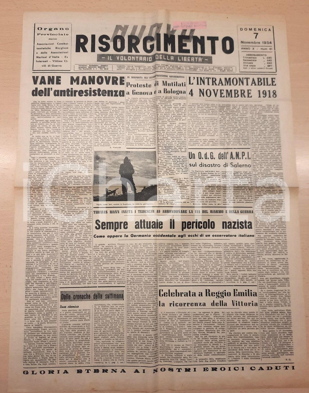 Giornale, rivista storica 1954 NUOVO RISORGIMENTO Thomas Mann contro il riarmo  Proteste mutilati 1