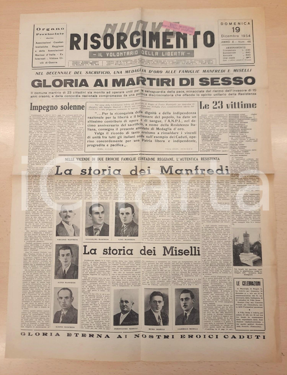 Giornale, rivista storica 1954 NUOVO RISORGIMENTO Decennale martiri di SESSO  Famiglie MANFREDI e MISELLI 1