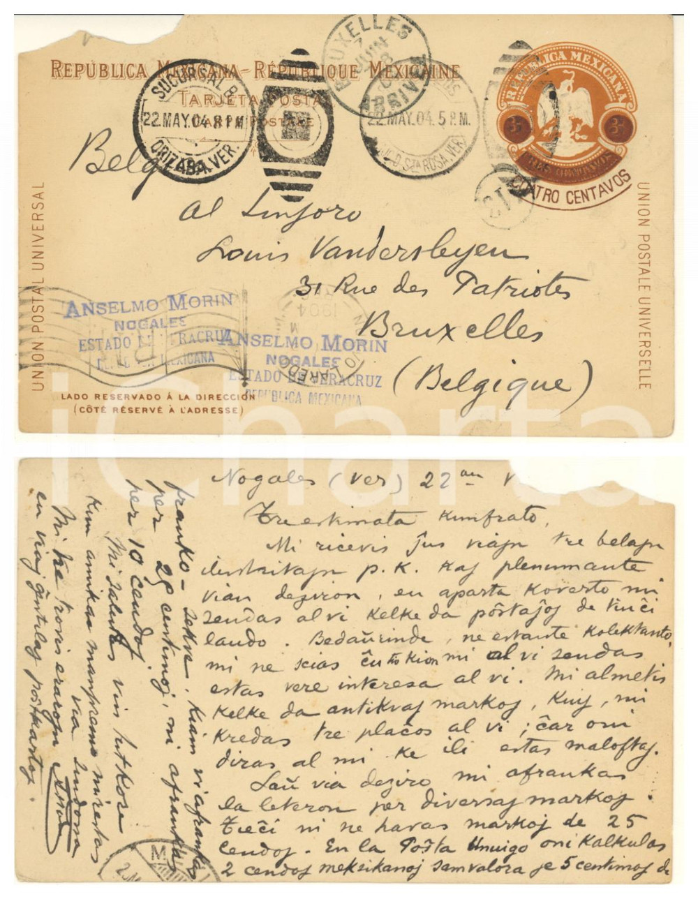 Autografo originale 1904 NOGALES MEXICO Anselmo MORIN a Louis Vandersleyen Autografo ESPERANTO 1