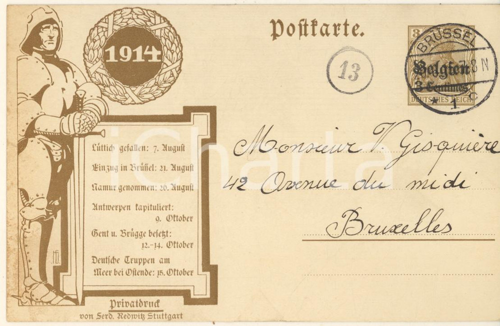 Cartolina originale da collezione BELGIO Cartolina postale 1914 3 cent.  Ferdinand Redwitz STUTTGART 1