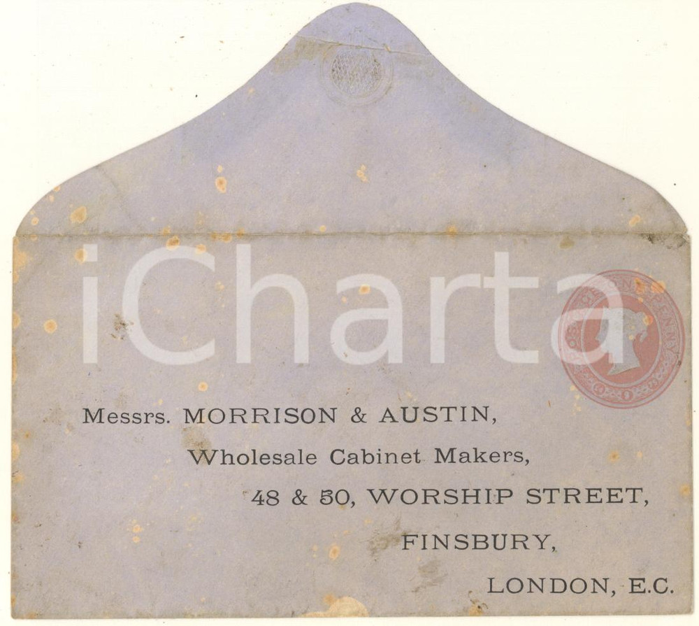 Materiale pubblicitario d’epoca 1910 ca LONDON MORRISON & AUSTIN wholesale cabinet makers 1 Penny Pink Envelope 1