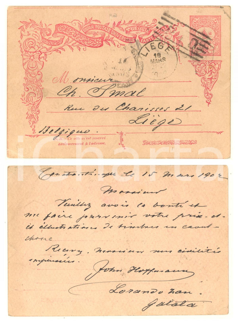 Autografo originale 1902 ISTANBUL Cartolina postale John HOFFMANN  Timbri in gomma Autografo 1