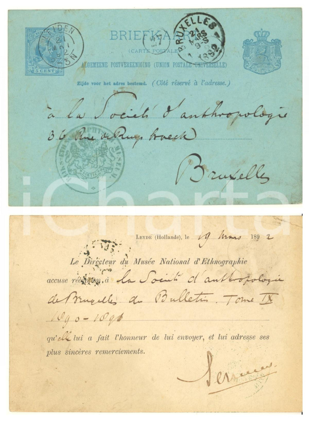 Autografo originale 1892 LEIDEN Wereldmuseum Leiden  Postcard Lindor SERRURIER director Autograph 1