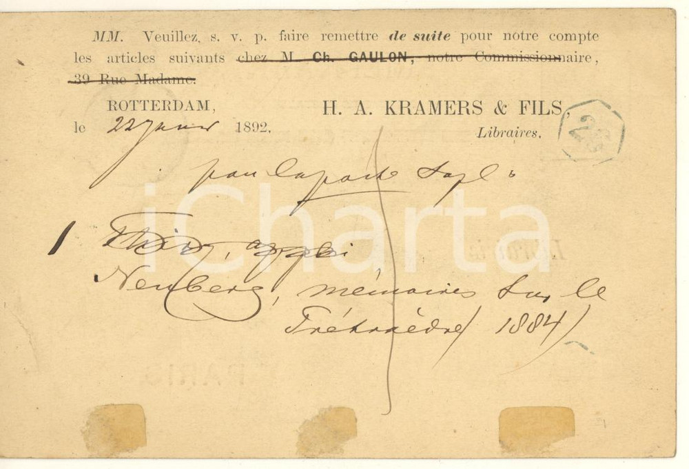 Cartolina originale da collezione 1892 ROTTERDAM  H. A. KRAMERS & Fils Libraires  Cartolina postale commerciale 1