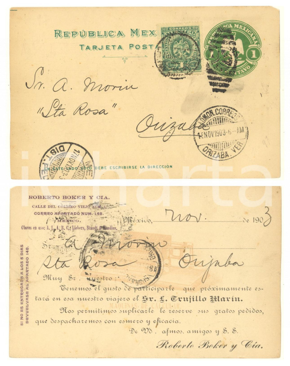 Cartolina originale da collezione 1903 MEXICO CITY Calle Coliseo   Roberto BOKER Y Cia Tarjeta postal 1