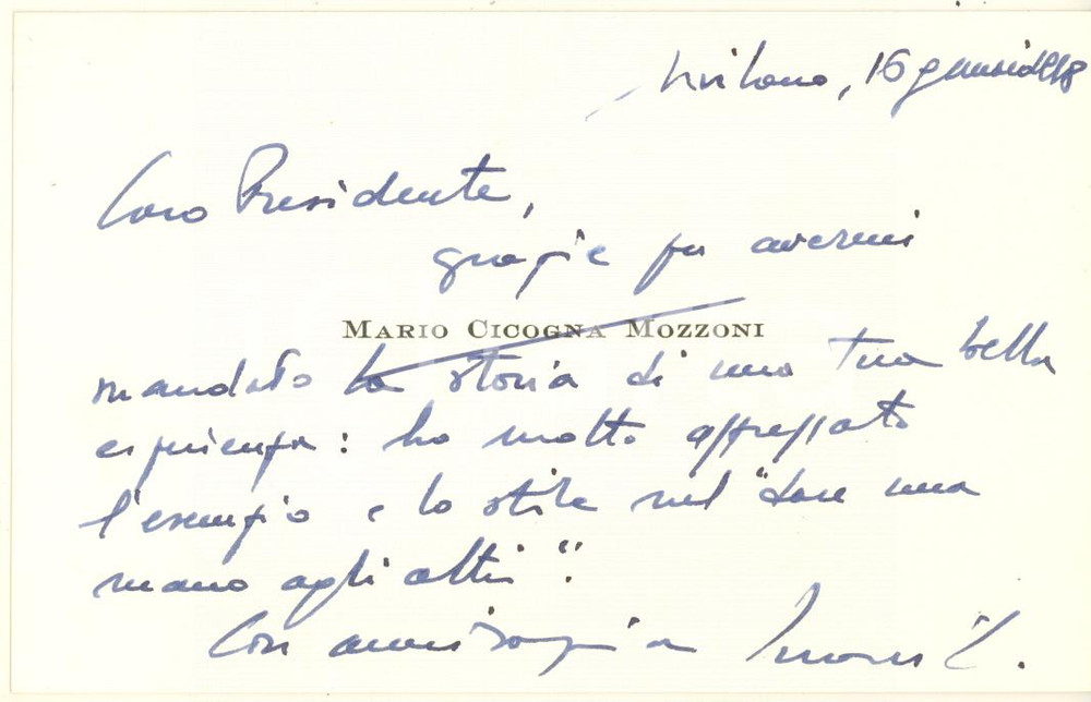 Autografo originale 1978 MILANO Biglietto conte Mario CICOGNA MOZZONI AUTOGRAFO 1