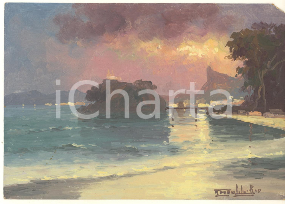 Opera d’arte autentica 1936 ARTE  SOFONEA Veduta di Rio de Janeiro  Bozzetto tempera 19x14 cm 1