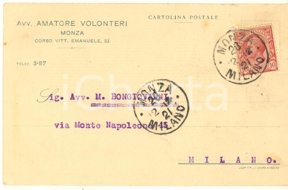 Cartolina originale da collezione 1912 MONZA Avv. Amatore VOLONTERI Cartolina postale con autografo 1