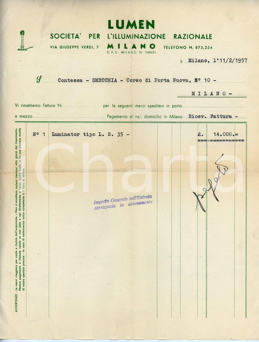 Documento originale, autentico 1957 MILANO Via Verdi 7 Società illuminazione razionale LUMEN Fattura LUMINATOR 1