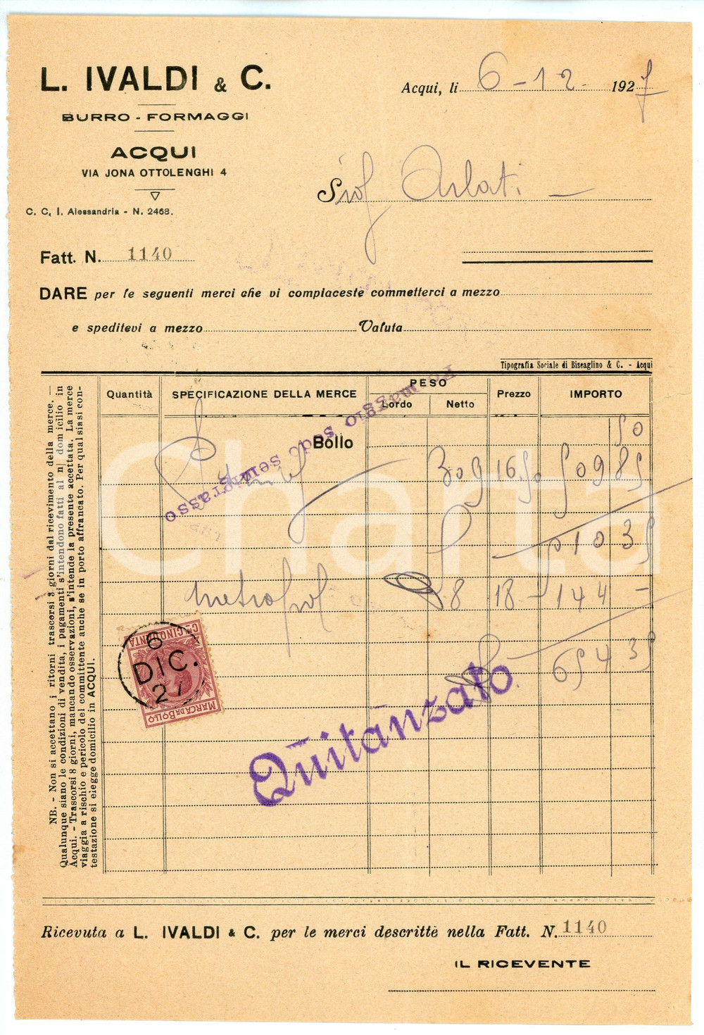 Documento originale, autentico 1927 ACQUI TERME Via Jona Ottolenghi 4 Burro e formaggi L. IVALDI Fattura 1