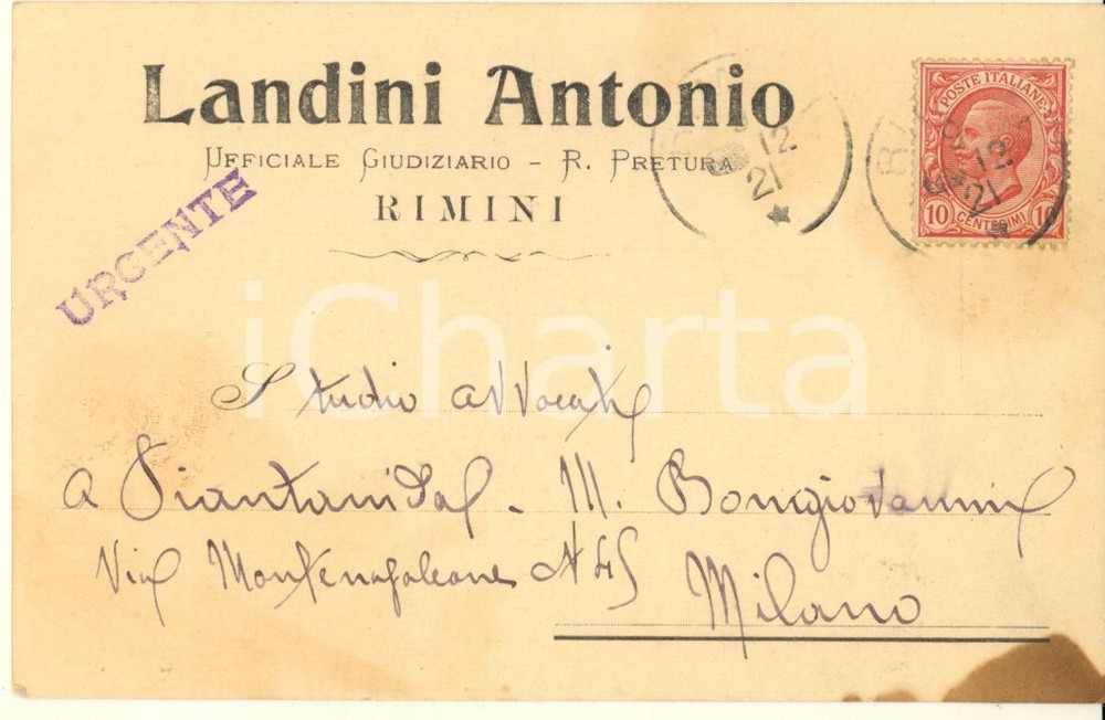 Cartolina originale da collezione 1912 RIMINI Antonio LANDINI Ufficiale giudiziario Cartolina postale intestata 1