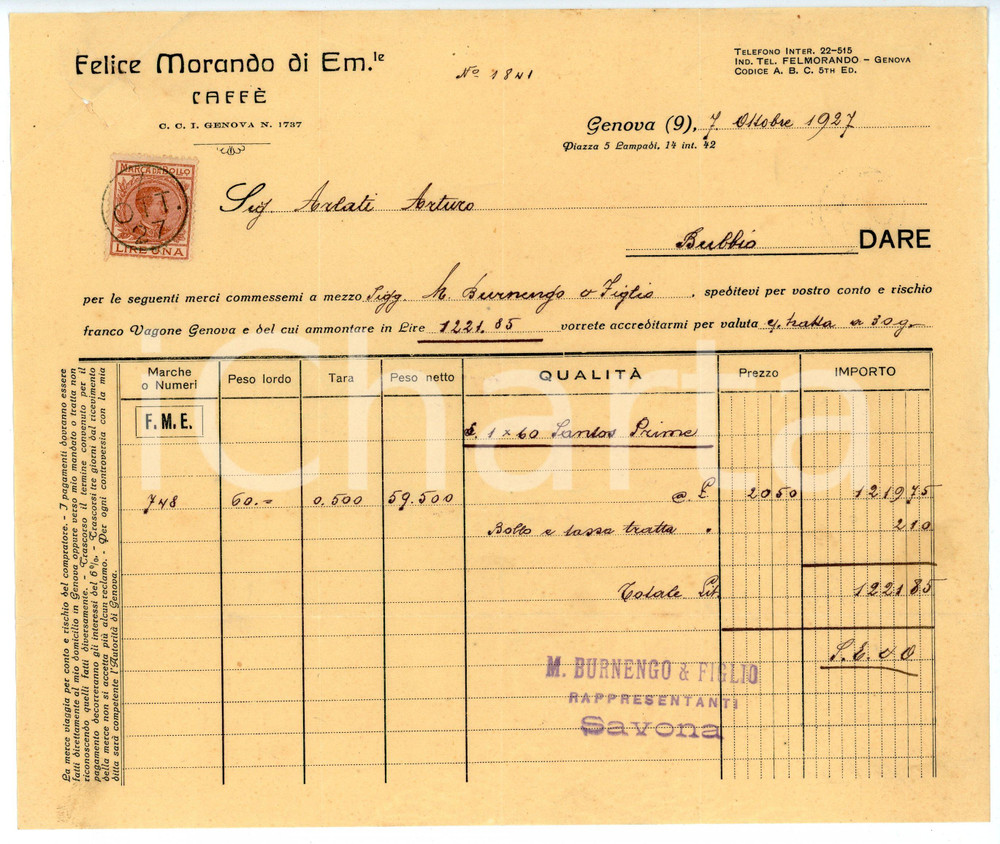 Documento originale, autentico 1927 GENOVA Piazza delle cinque lampadi 14 Caffè Felice MORANDO Fattura 1