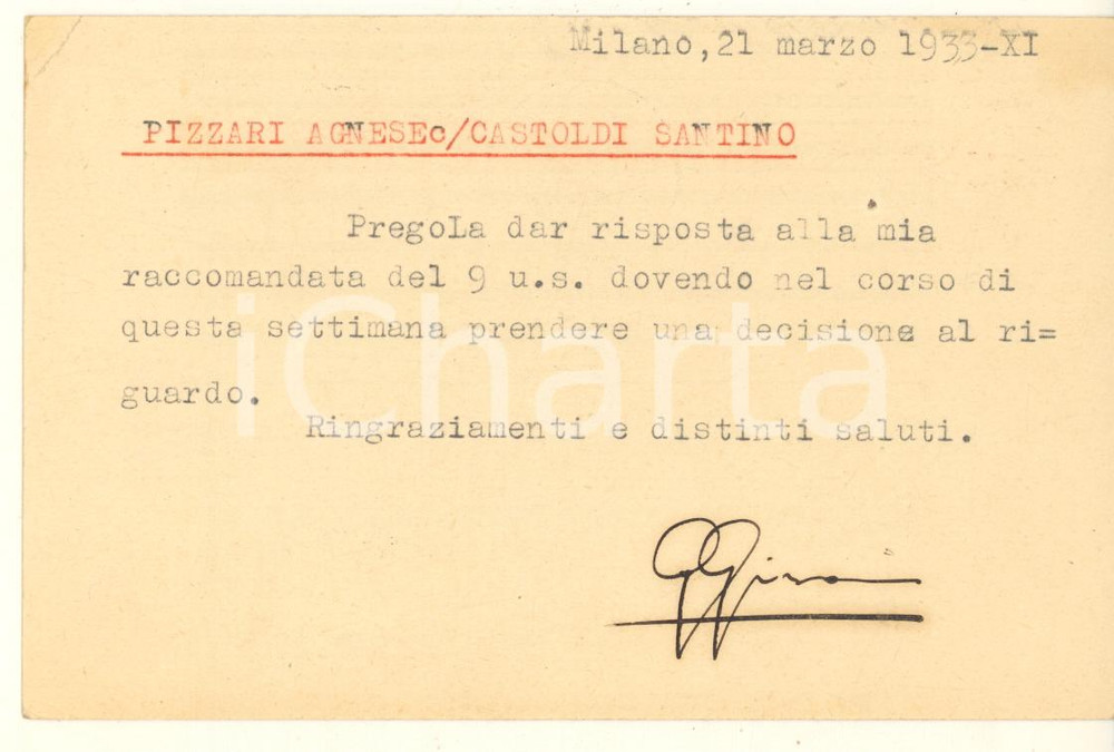 Cartolina originale da collezione 1913 MILANO Via S. Spirito  Cartolina avv. Gianni GIROSI Autografo 1