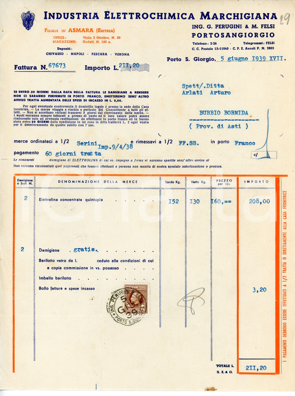 Documento originale, autentico 1939 PORTO SAN GIORGIO Industria Elettrochimica Marchigiana  Fattura 1