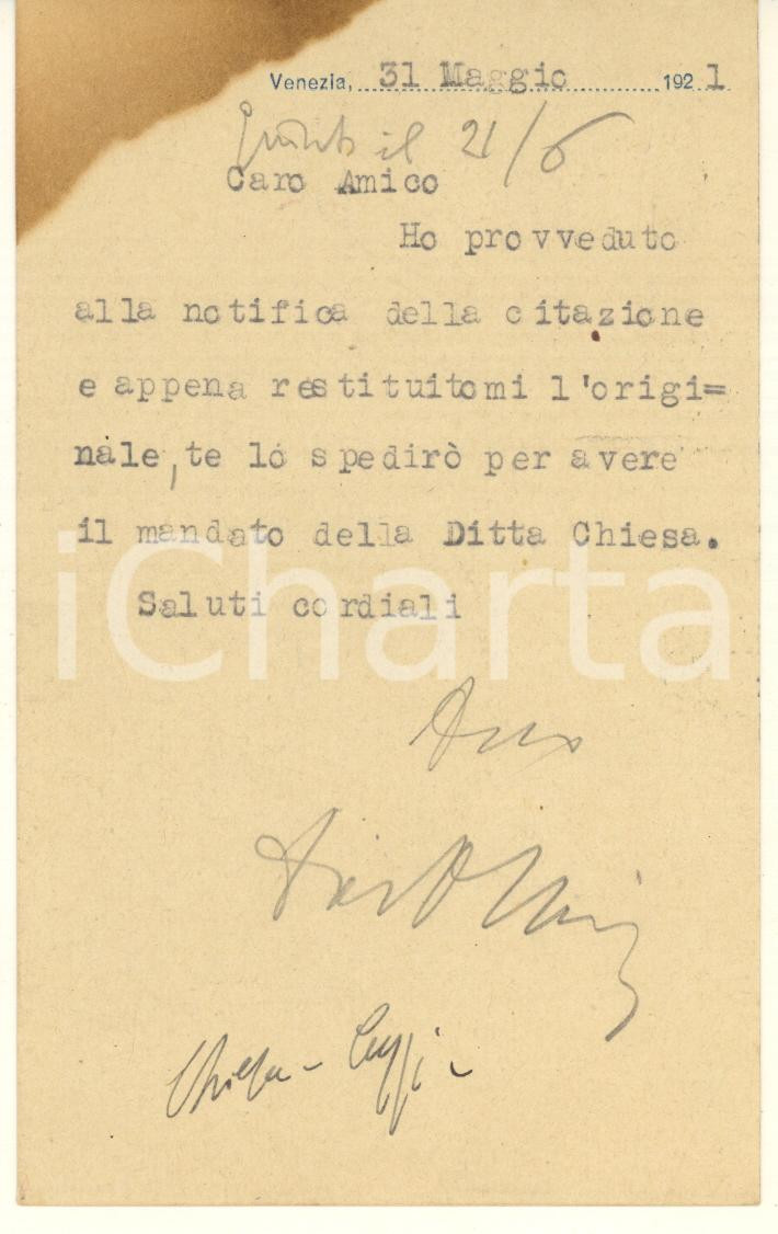 Autografo originale 1921 VENEZIA S. Maurizio 2691  Cartolina avv. Pietro MARSICH Autografo 1