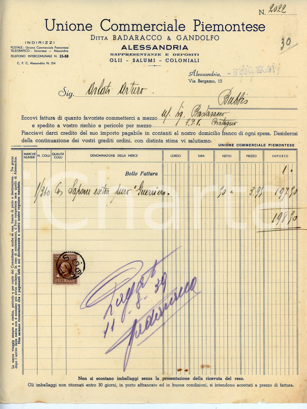 Documento originale, autentico 1939 ALESSANDRIA Unione Commerciale Piemontese DITTA BADARACCO GANDOLFO Fattura 1