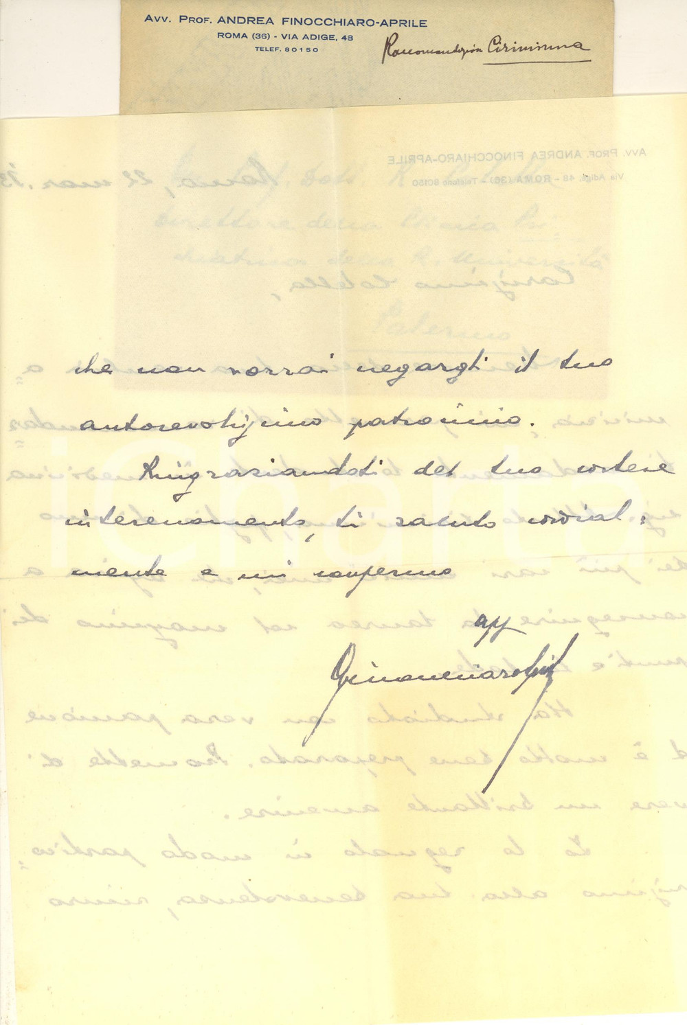 Autografo originale 1933 ROMA Lettera prof. Andrea FINOCCHIARO APRILE per raccomandazione AUTOGRAFO 1