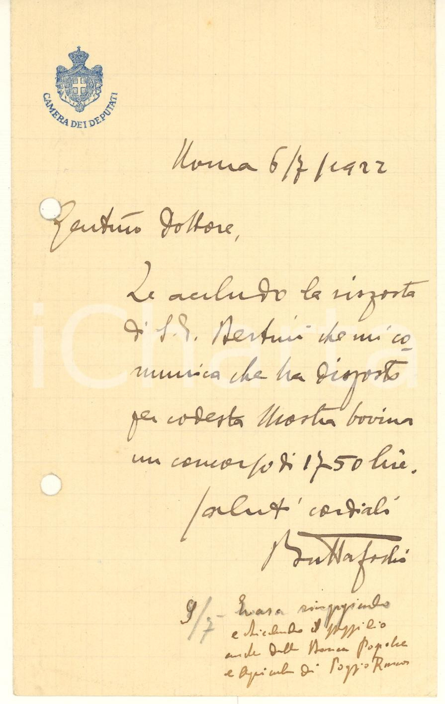 Autografo originale 1922 ROMA Lettera on. Carlo BUTTAFOCHI su mostra bovina AUTOGRAFO 1
