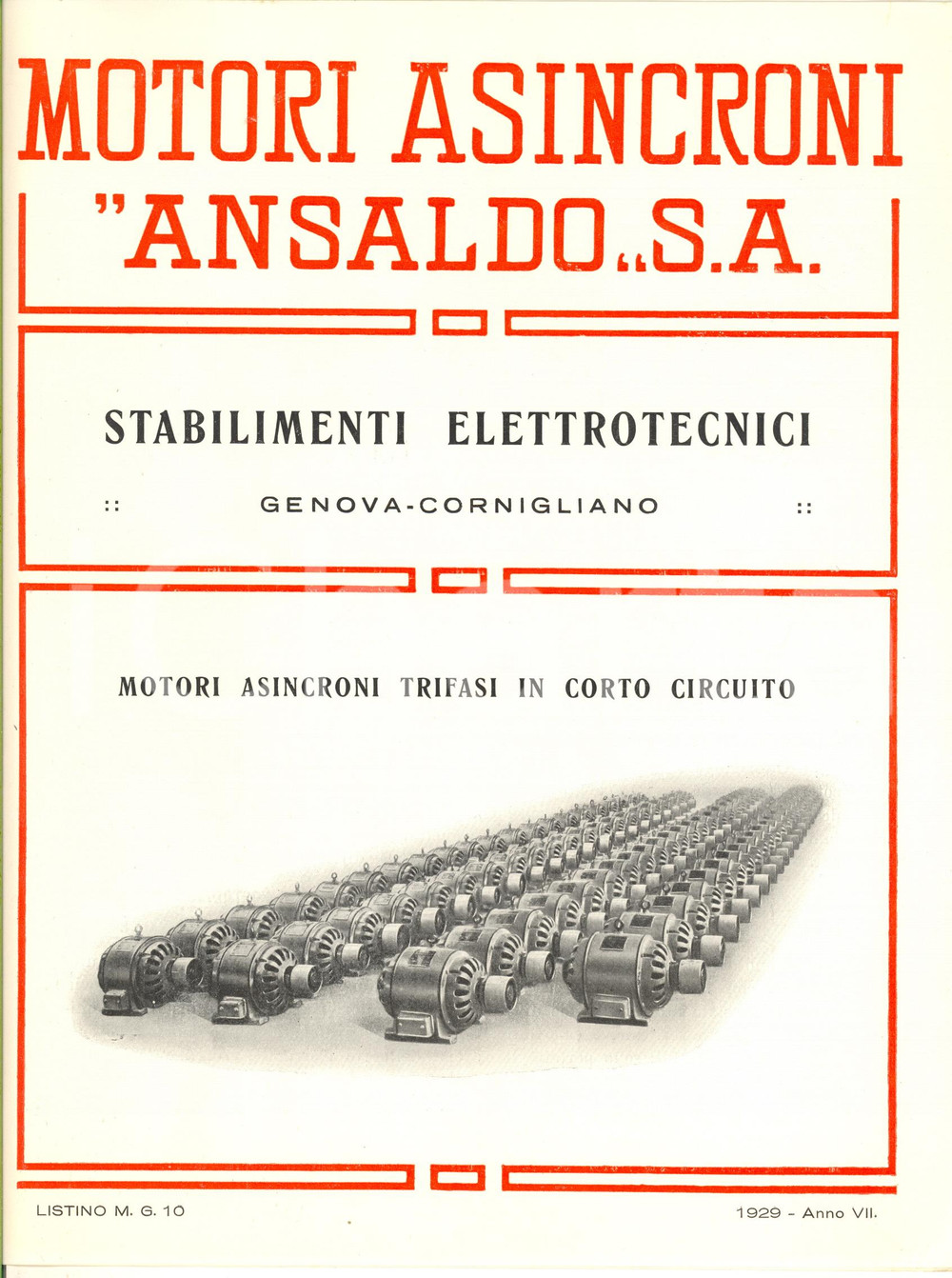 Materiale pubblicitario d’epoca 1929 GENOVA CORNIGLIANO  ANSALDO  Motori asincroni trifasi Listino 1
