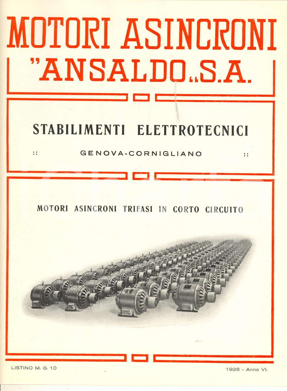 Materiale pubblicitario d’epoca 1928 GENOVA CORNIGLIANO  ANSALDO  Motori asincroni trifasi  Listino 1