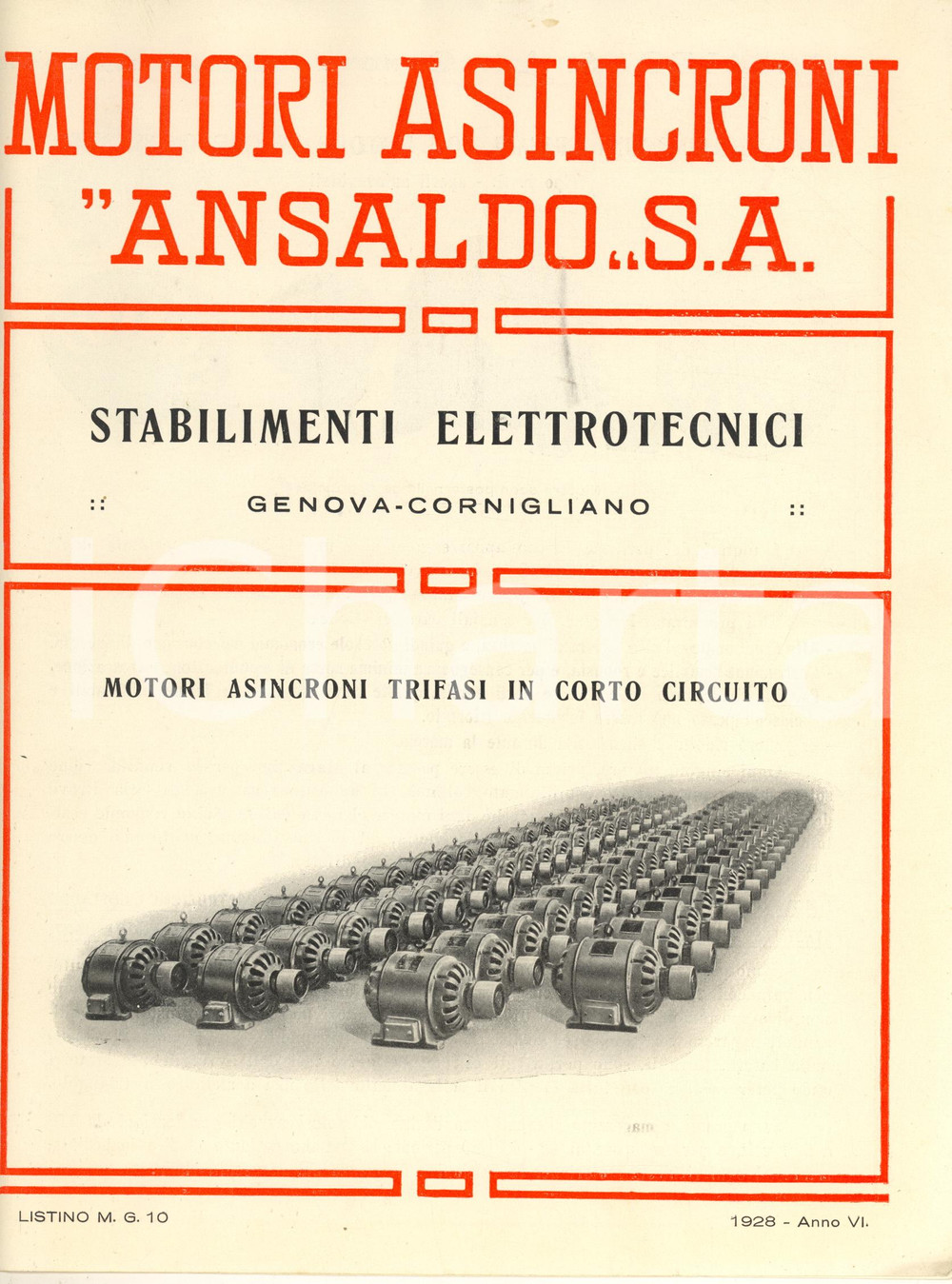 Materiale pubblicitario d’epoca 1928 GENOVA CORNIGLIANO  ANSALDO  Motori asincroni trifasi Listino 1