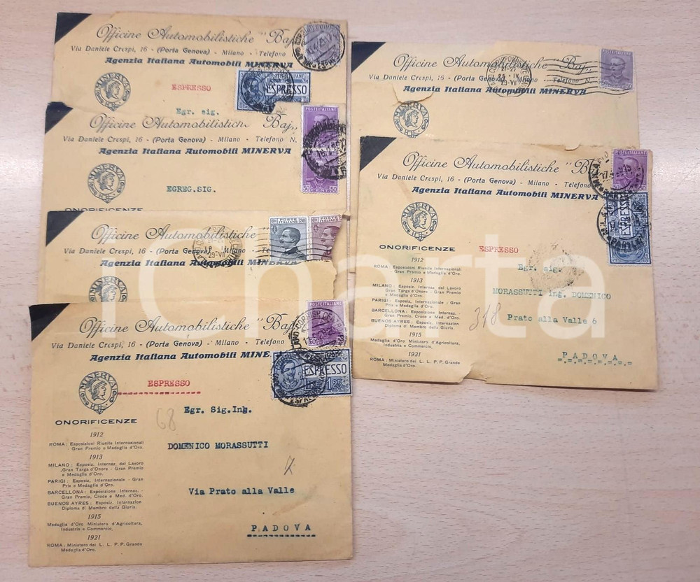 Materiale pubblicitario d’epoca 1929 MILANO Via Crespi 16  Officine Automobilistiche BAJ Lotto 6 buste 1