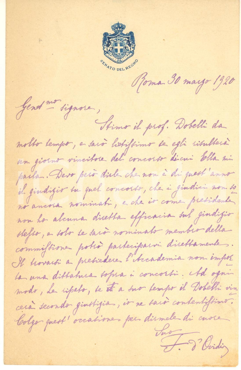Autografo originale 1920 ROMA Senatore Francesco D OVIDIO rifiuta raccomandazione AUTOGRAFO 1