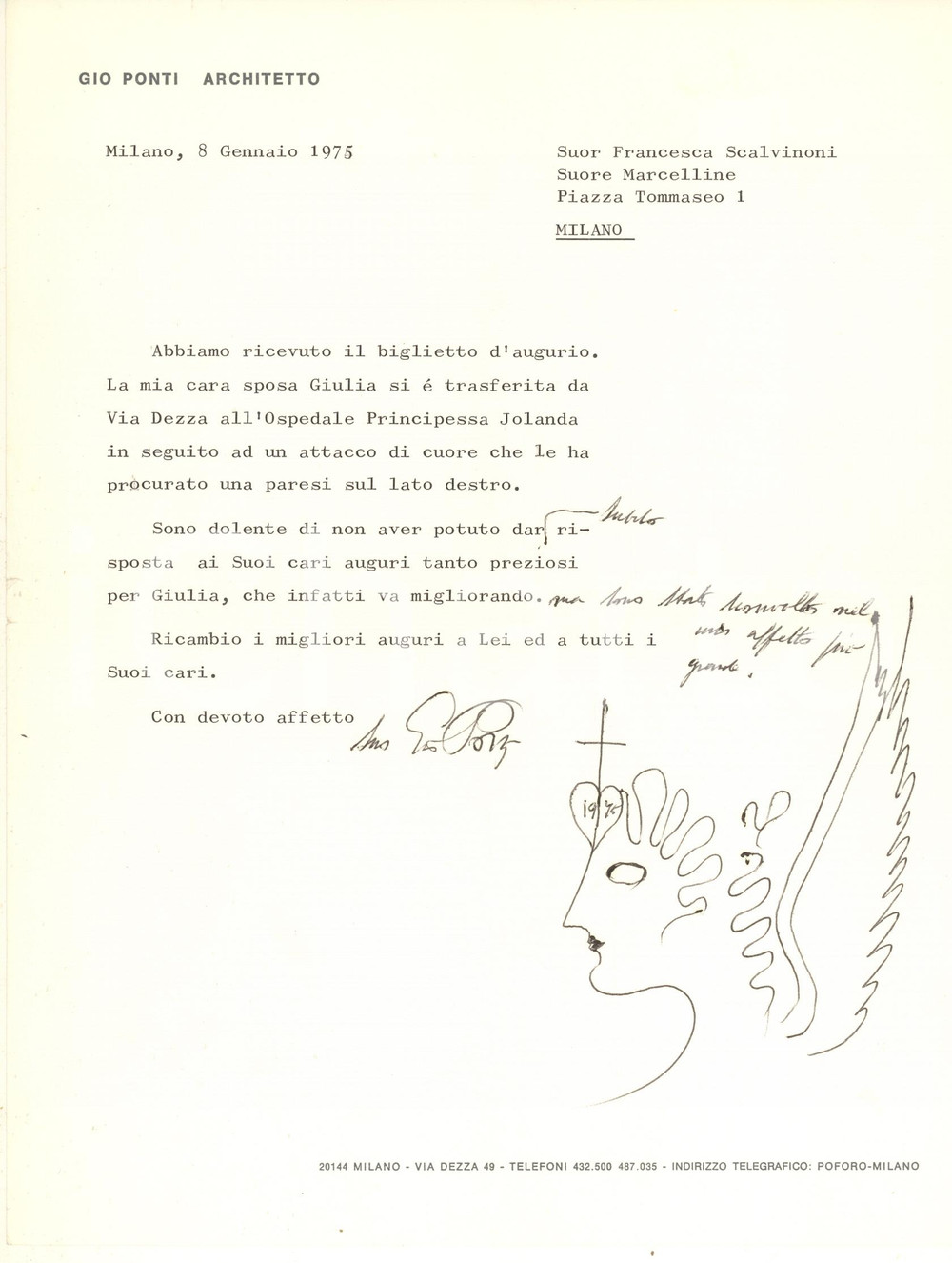 Autografo originale 1975 MILANO Lettera Gio PONTI architetto  AUTOGRAFO con disegno originale 1