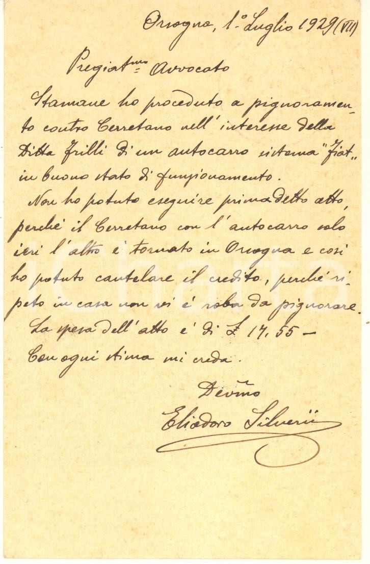 Cartolina originale da collezione 1929 ORSOGNA CH Eliodoro SILVERI usciere della Conciliazione  Cartolina 1