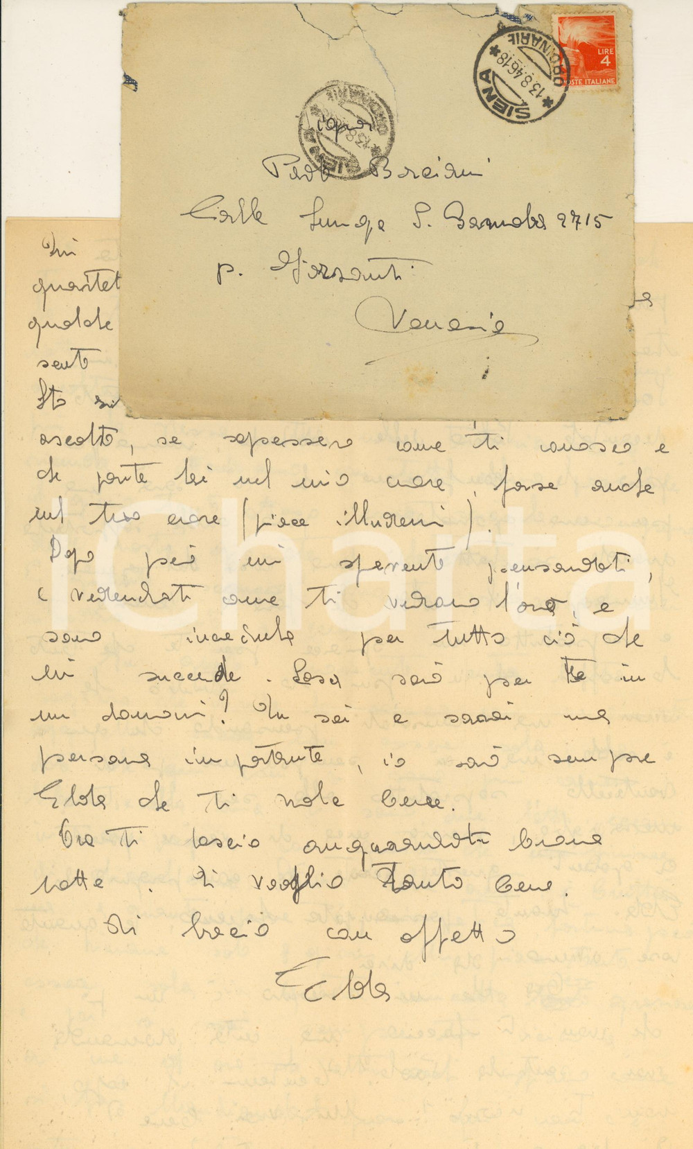 Manoscritto, lettera originale 1946 SIENA Lettera a Paolo BORCIANI Quartetto Italiano dalla fidanzata Elda 1