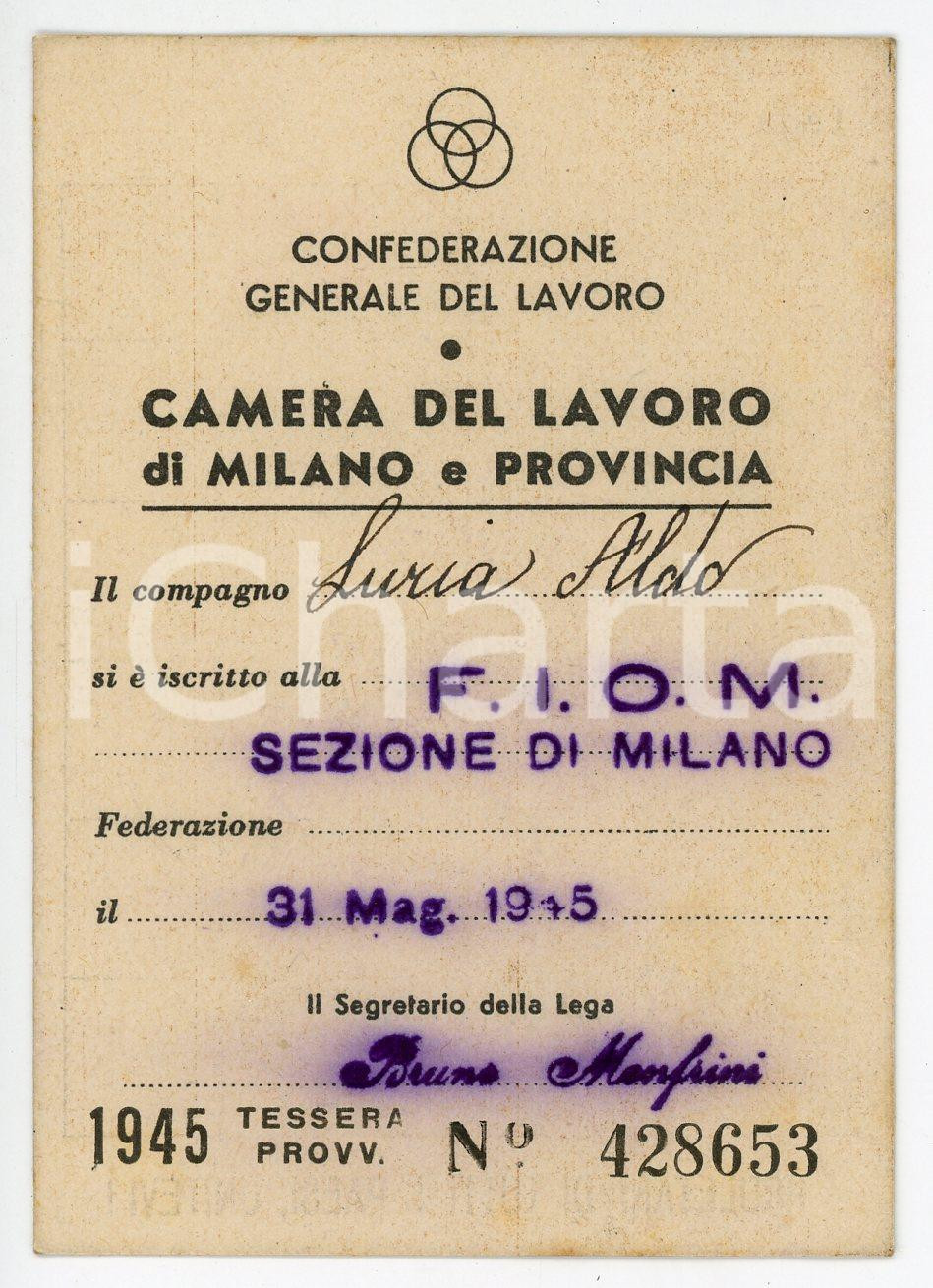 Oggetto da collezione cartaceo 1945 MILANO Camera del lavoro FIOM Tessera sindacale 7x10 cm 1