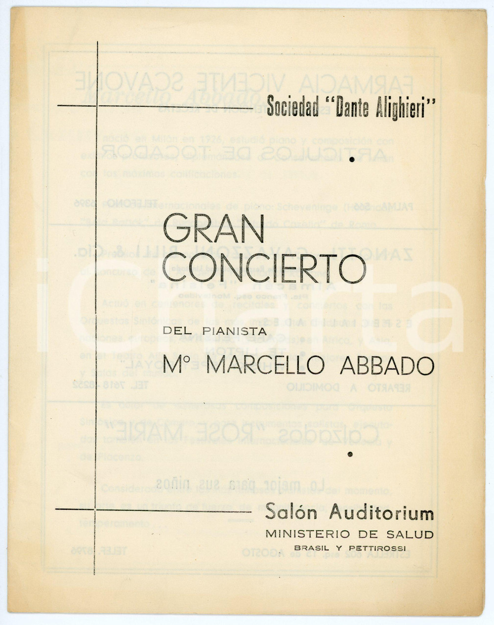 Oggetto da collezione cartaceo 1960 ca ASUNCION  PARAGUAY Concerto Marcello ABBADO Programma 1