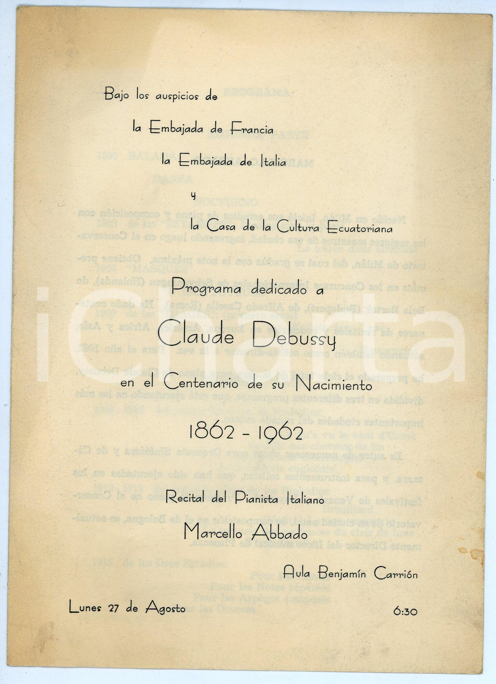 Oggetto da collezione cartaceo 1962 QUITO ECUADOR Concerto Marcello ABBADO Centenario Claude DEBUSSY Programm4 1