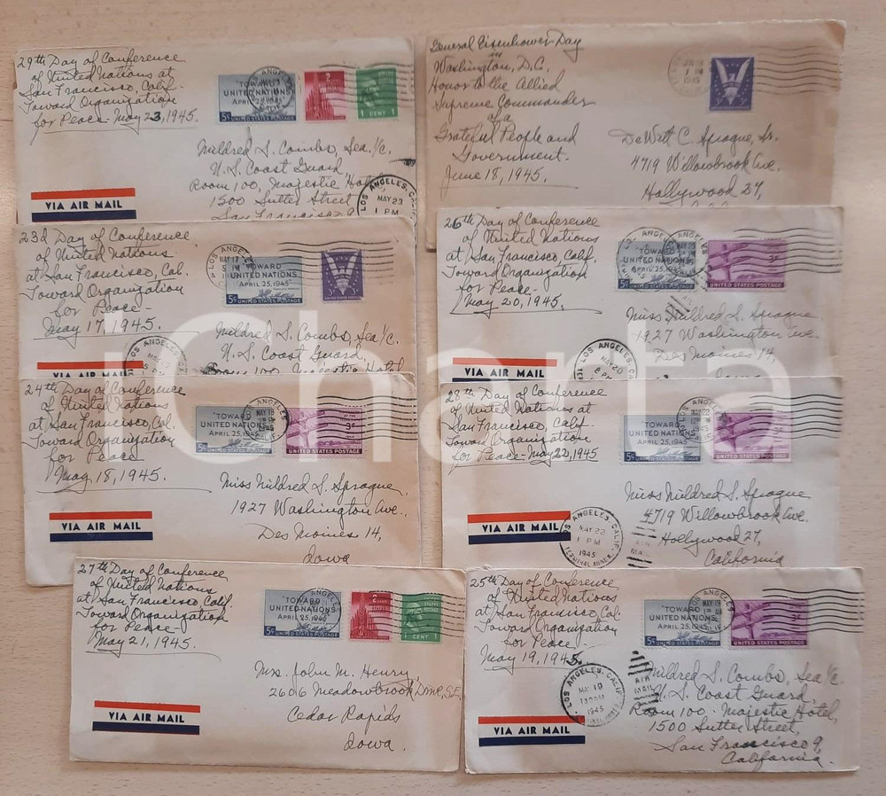 Manoscritto, lettera originale 1945 SAN FRANCISCO Conference United Nations LOTTO RARO 7 buste rassegna stampa 1