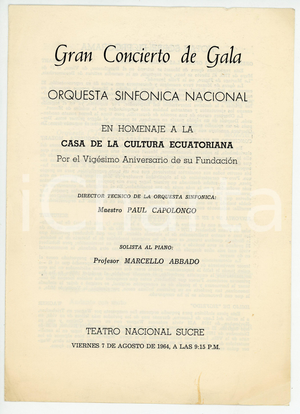 Oggetto da collezione cartaceo 1964 QUITO  ECUADOR Teatro Sucre  Concerto Paul CAPOLONGO Marcello ABBADO 1