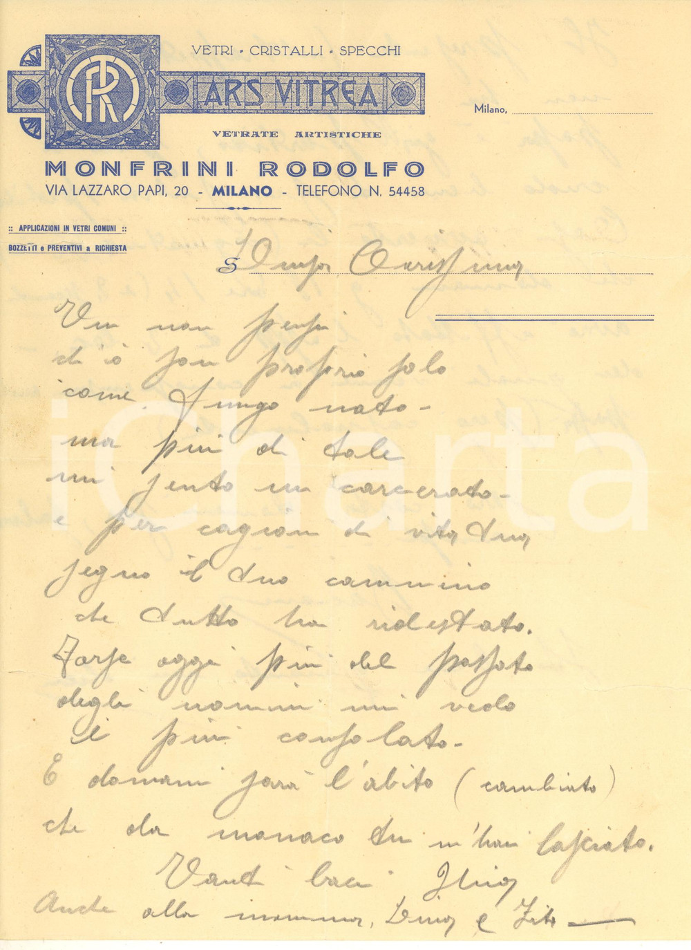 Manoscritto, lettera originale 1935 ca MILANO Via Lazzaro Papi 20  ARS VITREA di MONFRINI RODOLFO Lettera 1