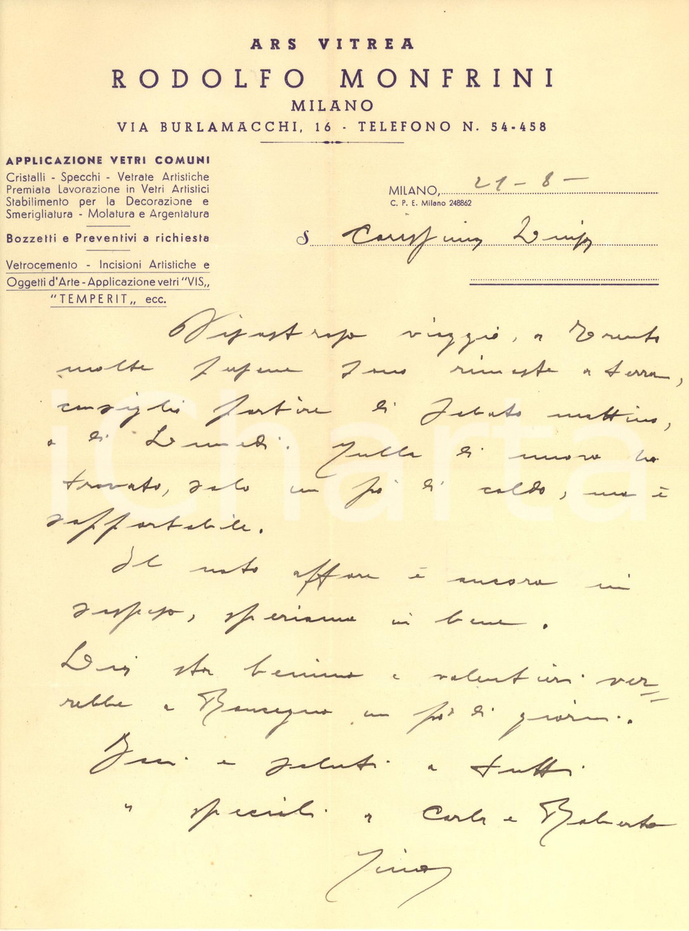 Manoscritto, lettera originale 1935 ca MILANO Via Burlamacchi 16  ARS VITREA di MONFRINI RODOLFO Lettera 1