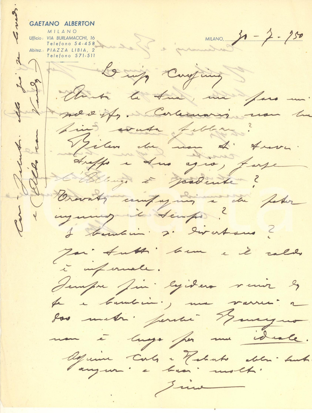 Manoscritto, lettera originale 1950 ca MILANO Via Burlamacchi 16  Vetreria Gaetano ALBERTON Lettera 1