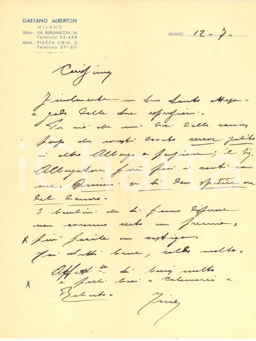 Manoscritto, lettera originale 1950 ca MILANO Via Burlamacchi 16  Vetreria Gaetano ALBERTON  Lettera 1