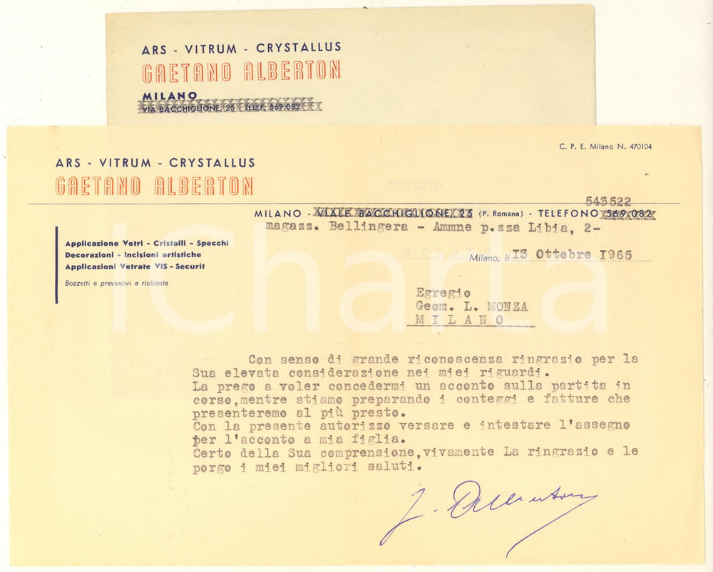 Documento originale, autentico 1965 MILANO  Gaetano ALBERTON Ars  Vitrum  Crystallus  Lettera commerciale 1