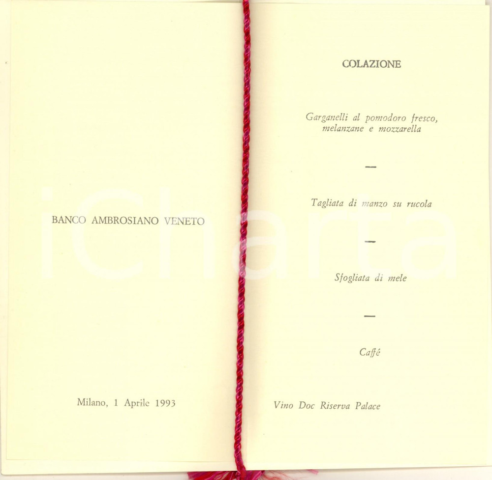 Oggetto da collezione cartaceo 1993 MILANO Hotel Palace  Menù colazione Banco Ambrosiano Veneto 1