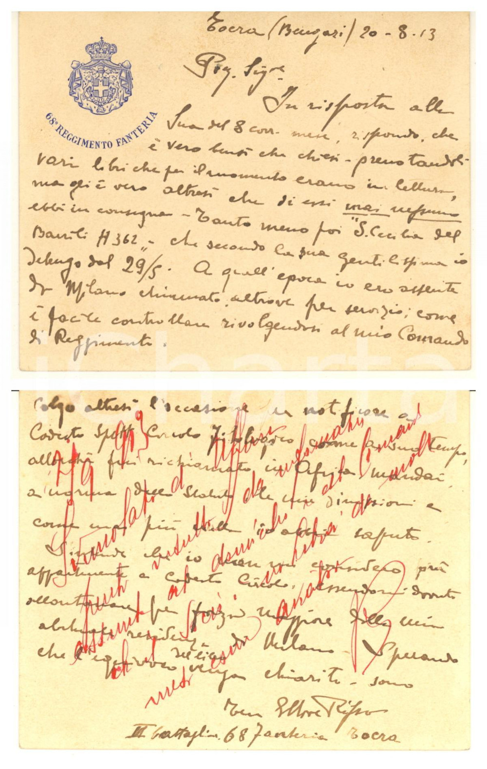 Autografo originale 1913 TOCRA /BENGASI Biglietto Ettore RISSO 68° Regg. Fanteria  Autografo 1